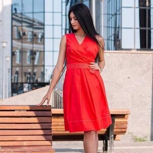 NWT Adolfo Dominguez Red Belted Sleeveless Dress